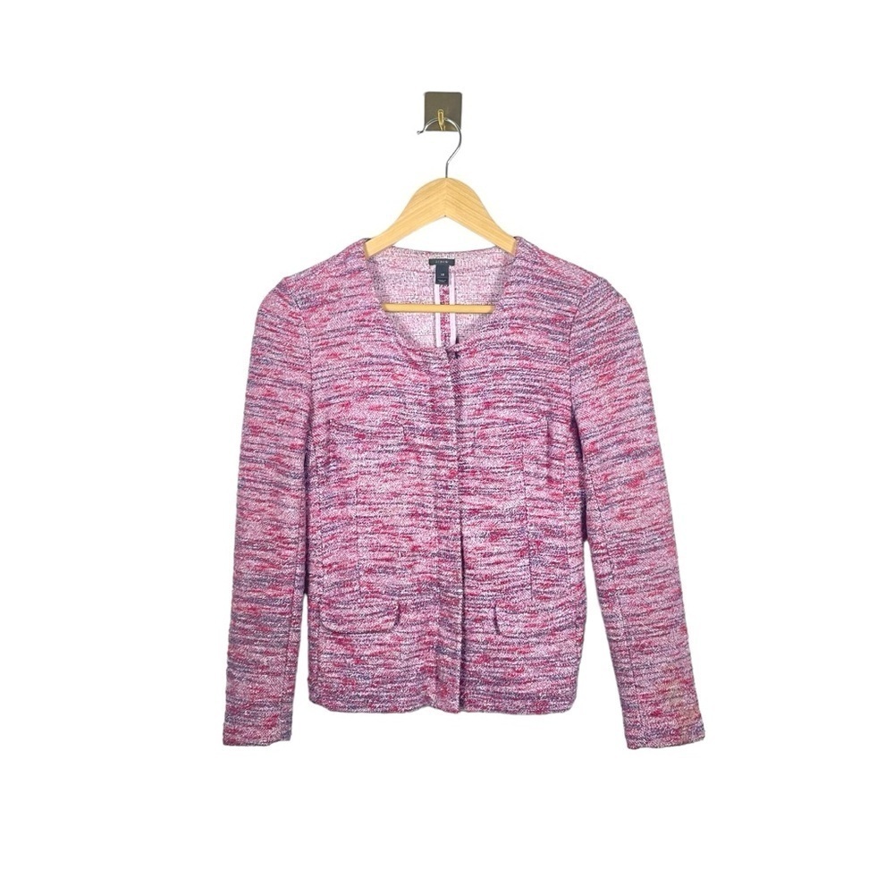 J Crew Womens XS Pink Purple Micro Tweed Collarless Zip Jacket Blazer Workwear